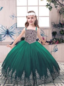 Trendy Sleeveless Floor Length Beading and Embroidery Lace Up Pageant Dress for Girls with Green