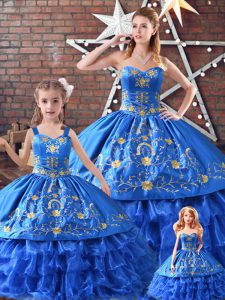Blue Sweetheart Lace Up Embroidery Quinceanera Gown Sleeveless