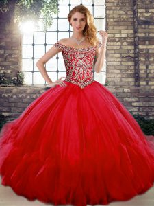 Elegant Red Tulle Lace Up Quinceanera Dress Sleeveless Floor Length Beading and Ruffles