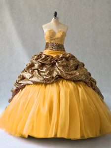 Sleeveless Beading and Pick Ups Lace Up Quinceanera Gowns with Gold Brush Train
