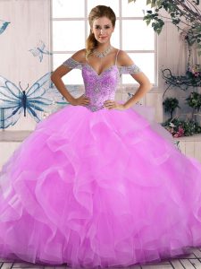 Sleeveless Tulle Floor Length Lace Up Quinceanera Gowns in Lilac with Beading and Ruffles