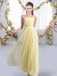 Top Selling Strapless Sleeveless Quinceanera Court of Honor Dress Sweep Train Beading Yellow Chiffon