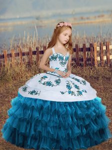 Blue Lace Up Straps Sleeveless Floor Length Little Girl Pageant Dress Embroidery and Ruffled Layers