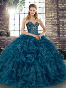 Teal 15th Birthday Dress Military Ball and Sweet 16 and Quinceanera with Beading and Ruffles Sweetheart Sleeveless Lace Up