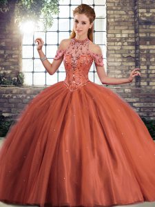 Noble Rust Red Ball Gowns Halter Top Sleeveless Tulle Brush Train Lace Up Beading Quinceanera Dress