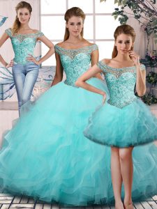 Chic Aqua Blue Off The Shoulder Neckline Beading and Ruffles Quinceanera Gown Sleeveless Lace Up