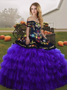 Cheap Black And Purple Sleeveless Organza Lace Up Quinceanera Dress for Military Ball and Sweet 16 and Quinceanera
