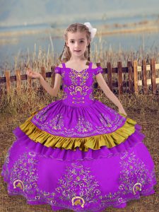 Sleeveless Floor Length Beading and Embroidery Lace Up Little Girls Pageant Dress with Purple