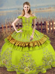 Ideal Olive Green Off The Shoulder Lace Up Embroidery 15 Quinceanera Dress Sleeveless