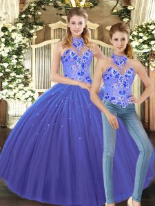 Blue Lace Up Halter Top Embroidery Quinceanera Gowns Tulle Sleeveless