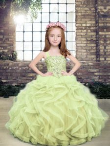Perfect Yellow Green Tulle Lace Up Straps Sleeveless Floor Length Little Girls Pageant Gowns Beading and Ruffles