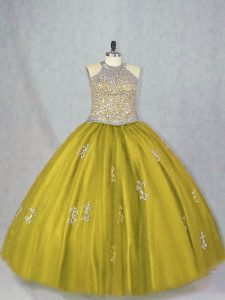 Stylish Olive Green Lace Up Halter Top Beading and Appliques Ball Gown Prom Dress Tulle Sleeveless
