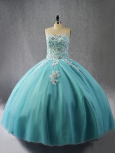 Blue Ball Gowns Halter Top Sleeveless Organza Floor Length Lace Up Appliques Quinceanera Gown