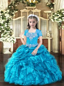 Fashion Sleeveless Organza Floor Length Lace Up Winning Pageant Gowns in Baby Blue with Beading and Ruffles