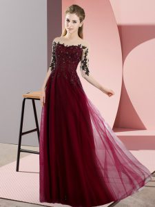 Lovely Burgundy Empire Beading and Lace Vestidos de Damas Lace Up Chiffon Half Sleeves Floor Length