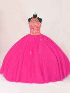 Sleeveless Tulle Floor Length Lace Up 15th Birthday Dress in Hot Pink with Beading and Appliques