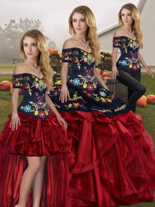 Floor Length Lace Up Sweet 16 Dress Red And Black for Military Ball and Sweet 16 and Quinceanera with Embroidery and Ruffles