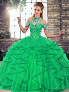 Green Lace Up Halter Top Beading and Ruffles Quinceanera Dresses Tulle Sleeveless