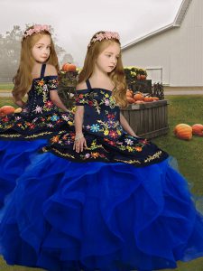 Superior Royal Blue Tulle Lace Up Straps Sleeveless Floor Length Pageant Gowns For Girls Embroidery and Ruffles