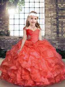 Coral Red Ball Gowns Organza Straps Sleeveless Beading and Ruching Floor Length Lace Up Pageant Dress Wholesale