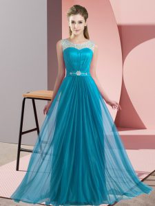Vintage Teal Empire Scoop Sleeveless Chiffon Floor Length Lace Up Beading Court Dresses for Sweet 16