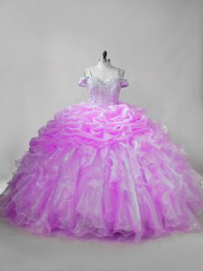 Fashionable Organza Straps Sleeveless Brush Train Lace Up Beading and Ruffles and Pick Ups 15 Quinceanera Dress in Lilac