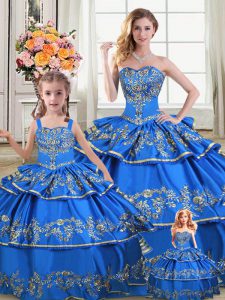 Attractive Royal Blue Ball Gowns Satin and Organza Sweetheart Sleeveless Embroidery and Ruffled Layers Floor Length Lace Up Sweet 16 Quinceanera Dress