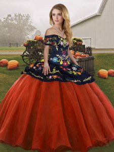 Floor Length Rust Red Quinceanera Gown Tulle Sleeveless Embroidery
