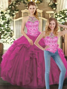 Trendy Halter Top Sleeveless Quinceanera Dress Floor Length Beading and Ruffles Fuchsia Tulle