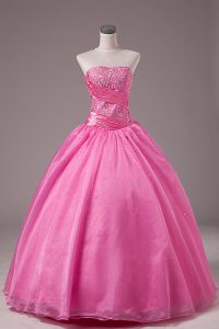 Decent Floor Length Lace Up Quinceanera Dress Rose Pink for Sweet 16 and Quinceanera with Embroidery