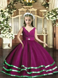 Charming Purple Backless Little Girls Pageant Dress Wholesale Beading and Ruching Sleeveless Floor Length