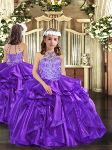 Hot Selling Floor Length Purple Kids Formal Wear Organza Sleeveless Beading and Ruffles