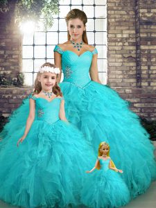 Stunning Aqua Blue Sleeveless Tulle Lace Up Vestidos de Quinceanera for Military Ball and Sweet 16 and Quinceanera