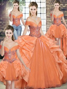 Off The Shoulder Sleeveless Ball Gown Prom Dress Floor Length Beading and Ruffles Orange Organza