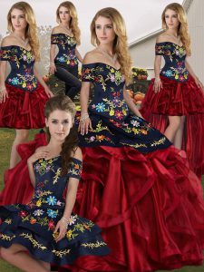 Sleeveless Organza Floor Length Lace Up Vestidos de Quinceanera in Red And Black with Embroidery and Ruffles