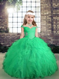 Straps Long Sleeves Tulle Little Girl Pageant Dress Beading and Ruffles Lace Up