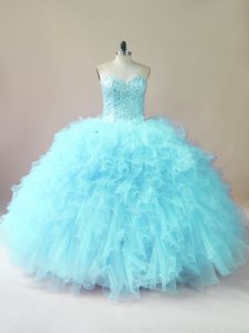 Unique Aqua Blue Ball Gowns Tulle Sweetheart Sleeveless Beading and Ruffles Floor Length Lace Up Quinceanera Dress