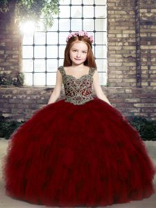 Wonderful Straps Sleeveless Tulle Pageant Dresses Beading and Ruffles Lace Up
