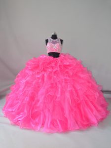 Beading and Ruffles Sweet 16 Dresses Hot Pink Zipper Sleeveless Court Train
