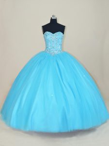 Sleeveless Tulle Floor Length Lace Up Quince Ball Gowns in Aqua Blue with Beading