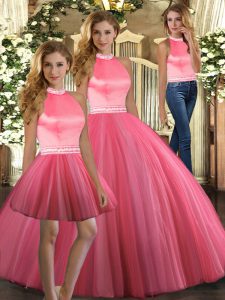 Halter Top Sleeveless 15th Birthday Dress Floor Length Beading Coral Red Tulle