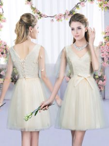 V-neck Sleeveless Lace Up Court Dresses for Sweet 16 Champagne Tulle