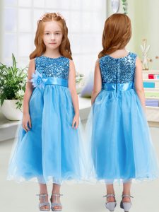 Super Baby Blue Scoop Neckline Sequins and Hand Made Flower Pageant Dress Wholesale Sleeveless Zipper