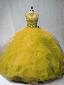 Hot Sale Olive Green Bateau Lace Up Beading and Ruffles Quinceanera Gown Court Train Sleeveless