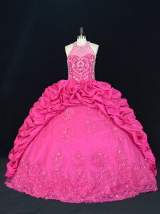 Chic Beading and Appliques and Embroidery and Pick Ups Quinceanera Gowns Hot Pink Lace Up Sleeveless
