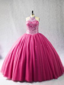 Exquisite Tulle Halter Top Sleeveless Brush Train Lace Up Beading 15 Quinceanera Dress in Hot Pink