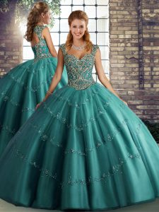 Colorful Teal Tulle Lace Up Sweet 16 Dress Sleeveless Floor Length Beading and Appliques