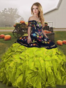 Flare Olive Green Ball Gowns Embroidery and Ruffles Sweet 16 Dresses Lace Up Organza Sleeveless Floor Length