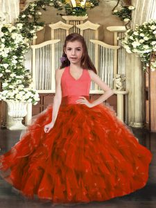 Ball Gowns Kids Formal Wear Rust Red Halter Top Organza Sleeveless Floor Length Lace Up