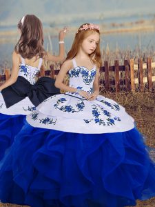 Wonderful Royal Blue Sleeveless Floor Length Embroidery and Ruffles Lace Up Kids Formal Wear